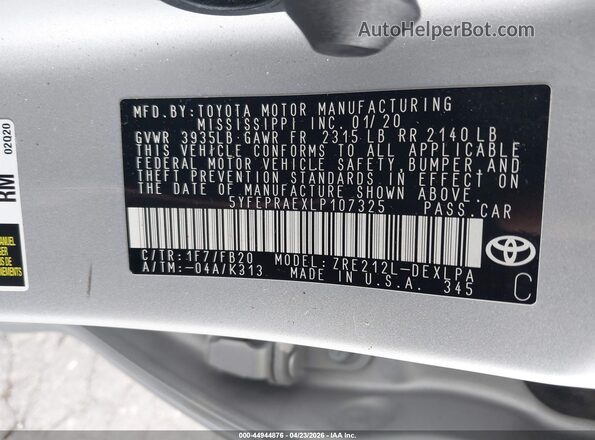 5YFEPRAEXLP107325 2020 TOYOTA LL Silver Widok komory silnika