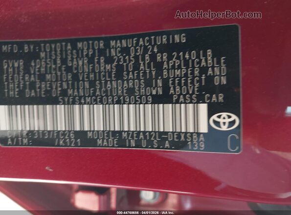 5YFS4MCE0RP190509 2024 TOYOTA LL Red Widok komory silnika