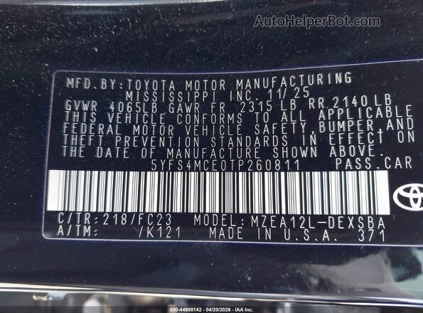 5YFS4MCE0TP260811 2026 TOYOTA LL Черный Вид подкапотного пространства
