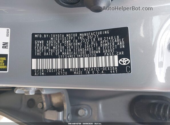 5YFS4MCE1MP090170 2021 TOYOTA LL Gray Widok komory silnika