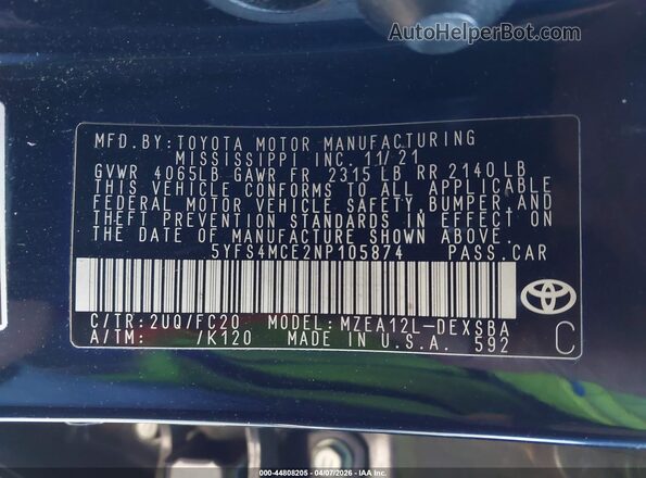 5YFS4MCE2NP105874 2022 TOYOTA LL Blue Engine compartment view