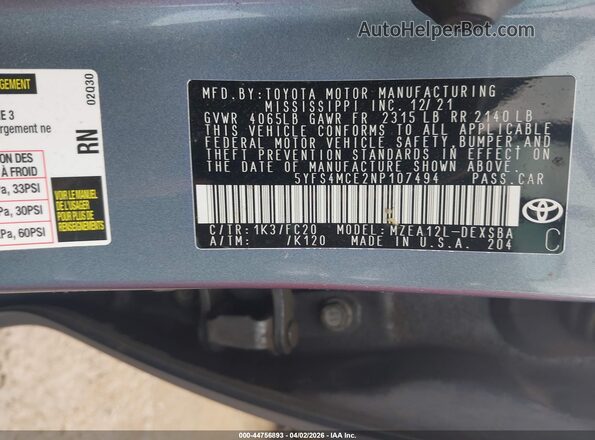 5YFS4MCE2NP107494 2022 TOYOTA LL Blue Вид підкапотного простору