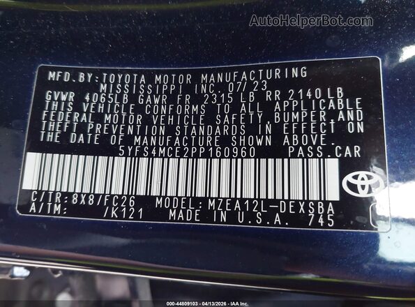 5YFS4MCE2PP160960 2023 TOYOTA LL Blue Engine compartment view