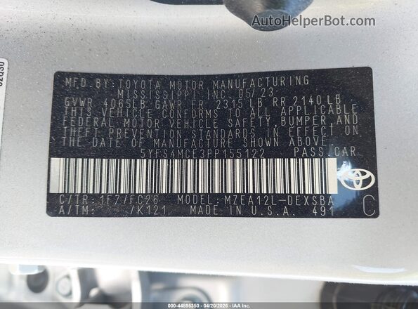 5YFS4MCE3PP155122 2023 TOYOTA LL Silver Widok komory silnika