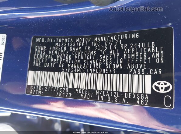 5YFS4MCE4NP098541 2022 TOYOTA LL Синий Вид подкапотного пространства