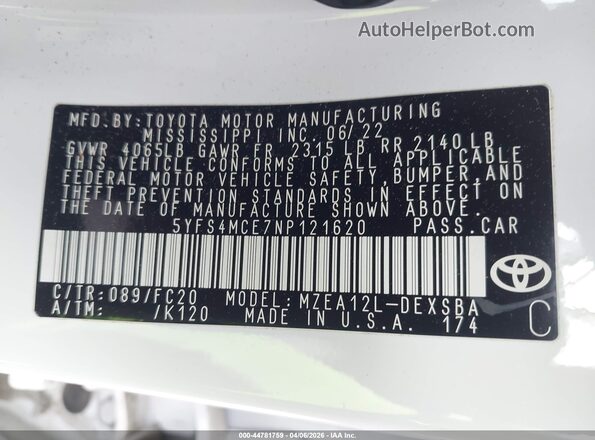 5YFS4MCE7NP121620 2022 TOYOTA LL Белый Вид подкапотного пространства