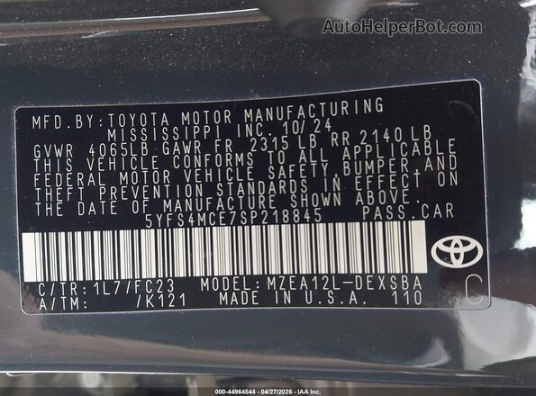 5YFS4MCE7SP218845 2025 TOYOTA LL Gray Вид підкапотного простору