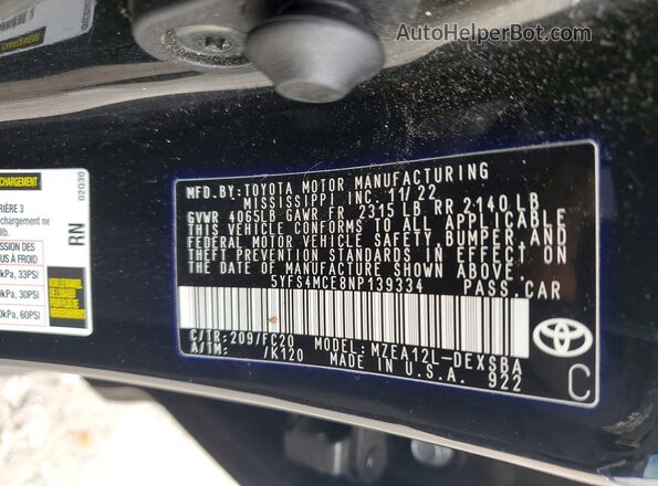 5YFS4MCE8NP139334 2022 TOYOTA LL Black Vista del compartimento del motor