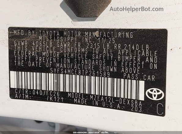 5YFS4MCE8TP261589 2026 TOYOTA LL White Widok komory silnika