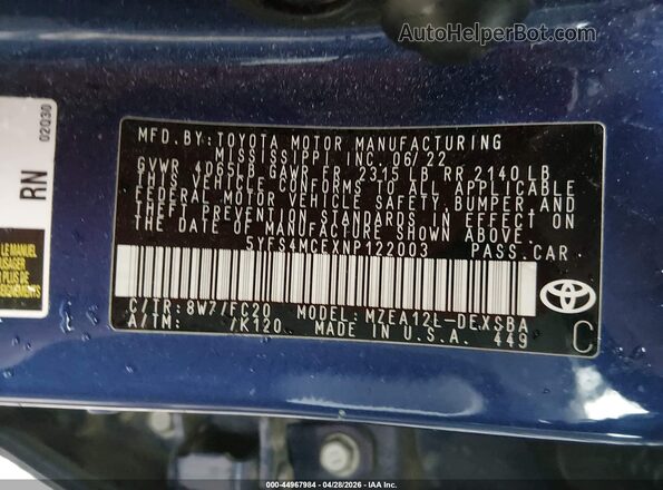 5YFS4MCEXNP122003 2022 TOYOTA LL Blue Widok komory silnika