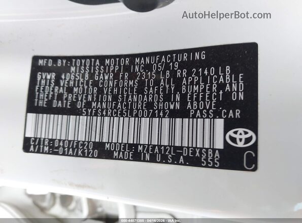 5YFS4RCE5LP007142 2020 TOYOTA LL White Widok komory silnika