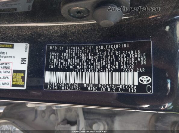 5YFS4RCE5LP043817 2020 TOYOTA LL Black Vista del compartimento del motor