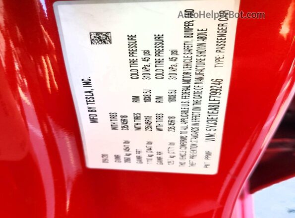 5YJ3E1EA8LF799246 2020 TESLA MODEL Красный Вид наклейки с VIN-кодом
