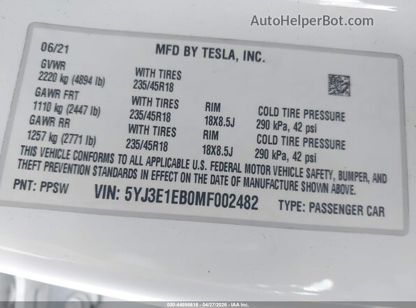 5YJ3E1EB0MF002482 2021 TESLA MODEL 3 Белый Вид подкапотного пространства