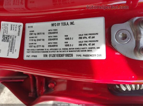 5YJ3E1EB3KF199239 2019 TESLA MODEL 3 Red Вид підкапотного простору