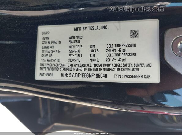 5YJ3E1EB3NF185040 2022 TESLA MODEL 3 Black Widok komory silnika