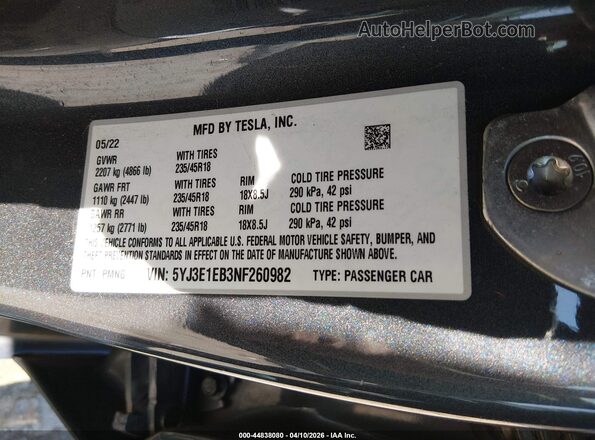 5YJ3E1EB3NF260982 2022 TESLA MODEL 3 Black Widok komory silnika