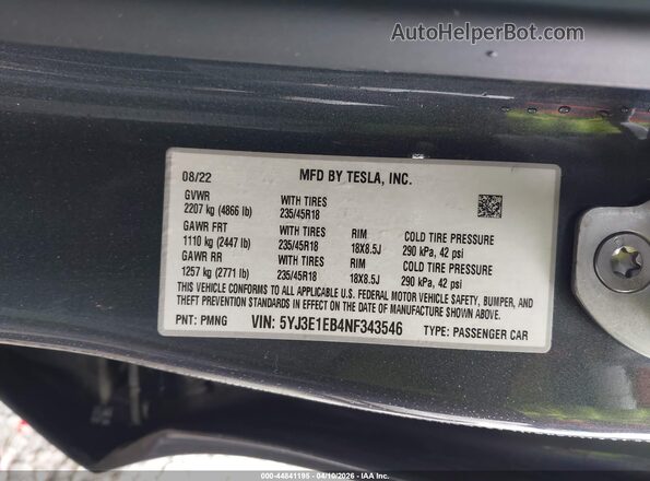 5YJ3E1EB4NF343546 2022 TESLA MODEL 3 Серый Вид подкапотного пространства