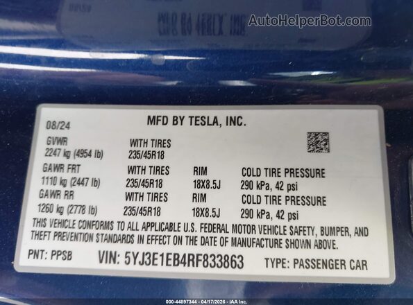 5YJ3E1EB4RF833863 2024 TESLA MODEL 3 Синий Вид подкапотного пространства