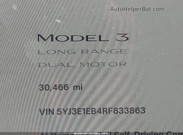 5YJ3E1EB4RF833863 2024 TESLA MODEL 3 Синий Панорамный вид салона 360°