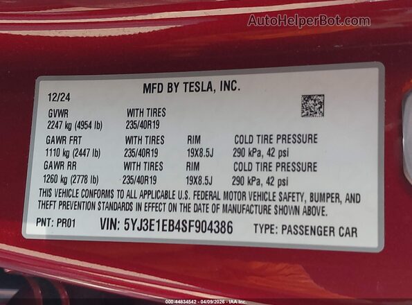 5YJ3E1EB4SF904386 2025 TESLA MODEL 3 Красный Вид подкапотного пространства