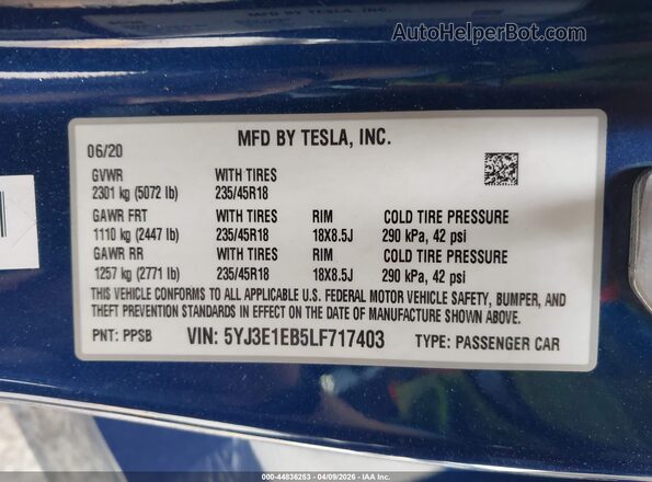 5YJ3E1EB5LF717403 2020 TESLA MODEL 3 Синий Вид подкапотного пространства