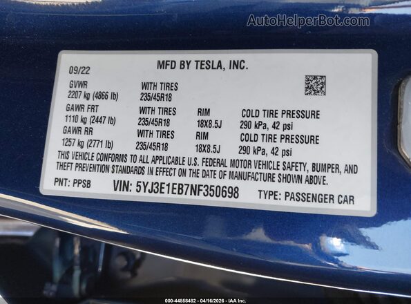 5YJ3E1EB7NF350698 2022 TESLA MODEL 3 Синий Вид подкапотного пространства