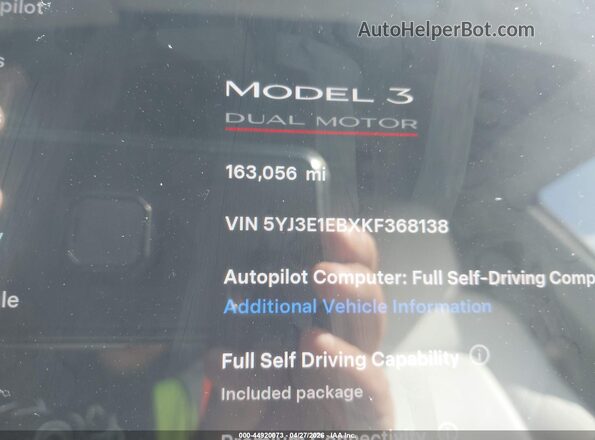 5YJ3E1EBXKF368138 2019 TESLA MODEL 3 Белый Панорамный вид салона 360°