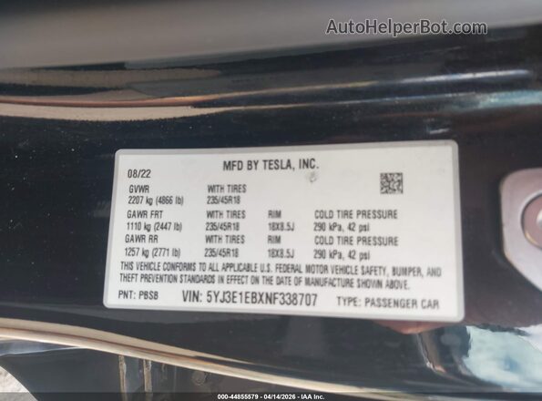 5YJ3E1EBXNF338707 2022 TESLA MODEL 3 Черный Вид подкапотного пространства