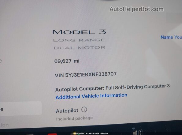 5YJ3E1EBXNF338707 2022 TESLA MODEL 3 Черный 