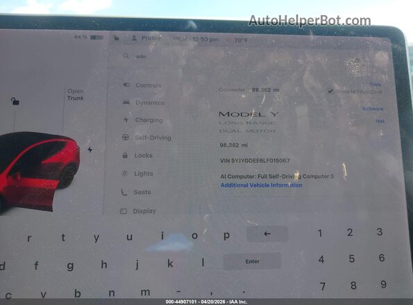 5YJYGDEE6LF015067 2020 TESLA MODEL Y Красный Вид задних сидений