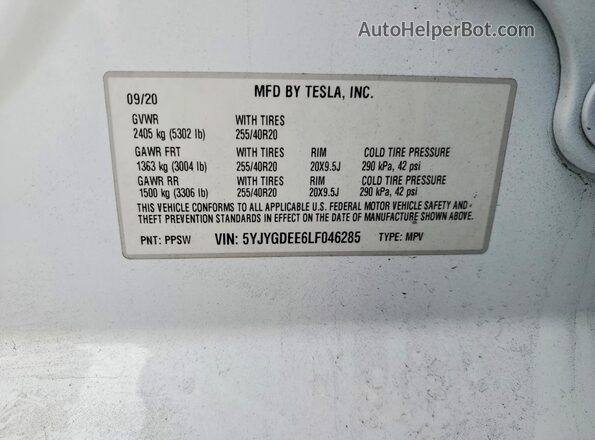 5YJYGDEE6LF046285 2020 TESLA MODEL Белый Вид подкапотного пространства