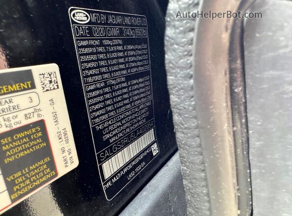 SALGS2RU5LA402954 2020 LAND ROVER RANGE Black Вид задніх сидінь