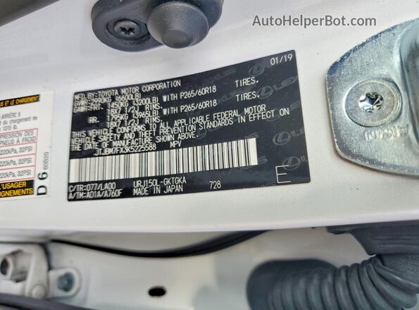 JTJBM7FX3K5225588 2019 LEXUS GX White Widok naklejki z numerem VIN