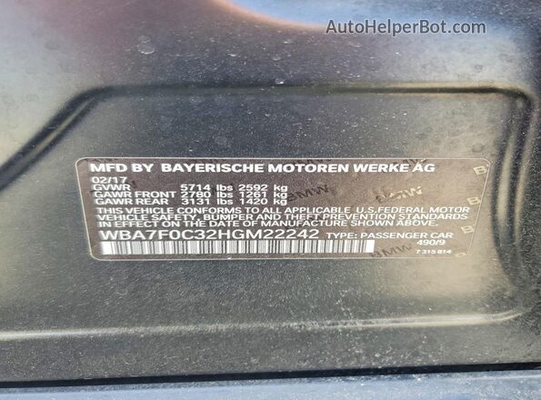 WBA7F0C32HGM22242 2017 BMW OTHER Black Widok naklejki z numerem VIN