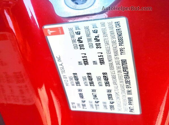 5YJ3E1EA4JF007090 2018 TESLA MODEL Red Widok naklejki z numerem VIN