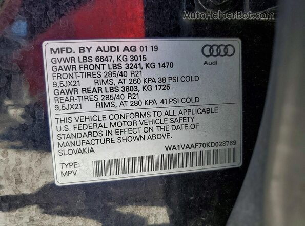WA1VAAF70KD028769 2019 AUDI Q7 Черный Панорамный вид салона 360°