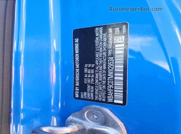 WBAHF9C07MWX29534 2021 BMW Z4 Синий Вид наклейки с VIN-кодом