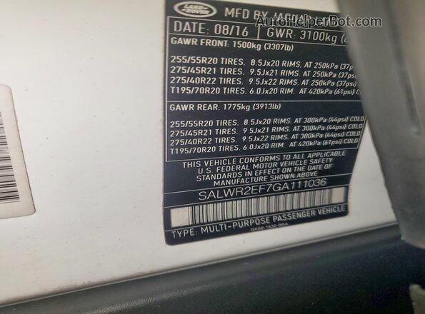 SALWR2EF7GA111036 2016 LAND ROVER RANGE ROVER Белый Вид наклейки с VIN-кодом