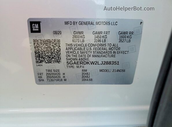 5GAERDKW2LJ288351 2020 BUICK ENCLAVE Белый Панорамный вид салона 360°