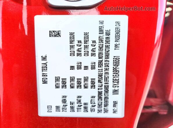 5YJ3E1EA9PF466561 2023 TESLA MODEL 3 Красный Вид наклейки с VIN-кодом