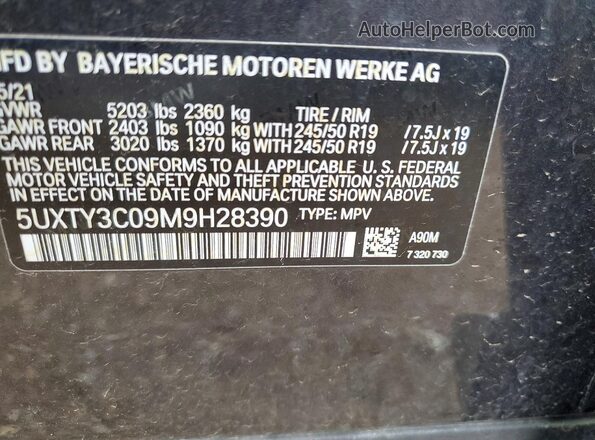 5UXTY3C09M9H28390 2021 BMW X3 Черный Вид наклейки с VIN-кодом