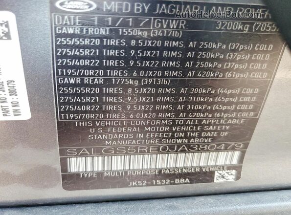 SALGS5RE0JA380479 2018 LAND ROVER RANGE ROVER Gray Widok naklejki z numerem VIN