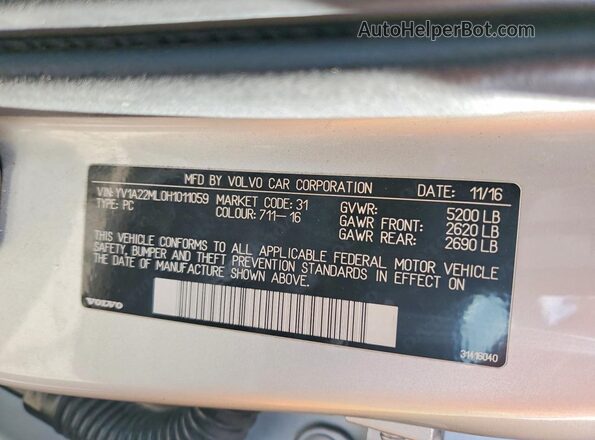 YV1A22ML0H1011059 2017 VOLVO S90 Серебряный Вид наклейки с VIN-кодом