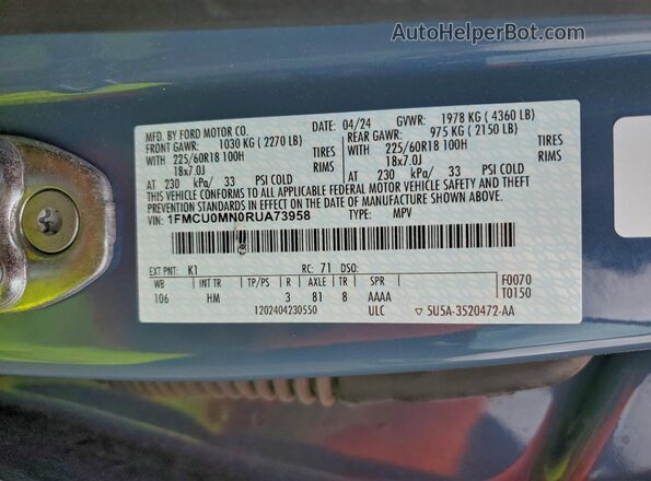 1FMCU0MN0RUA73958 2024 FORD ESCAPE Синий Панорамный вид салона 360°