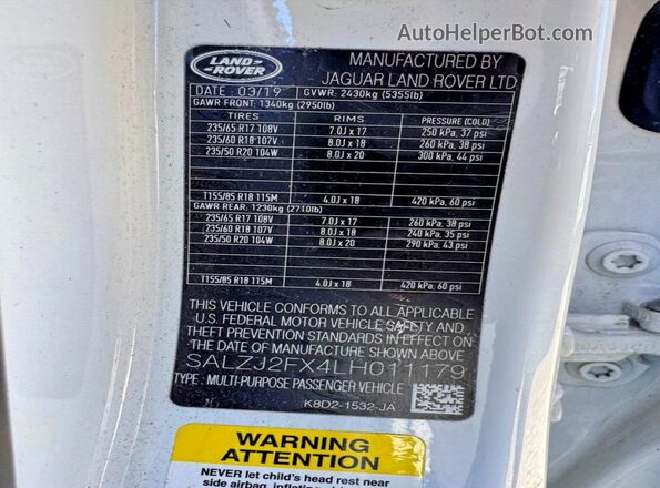 SALZJ2FX4LH011179 2020 LAND ROVER RANGE White Вид задніх сидінь