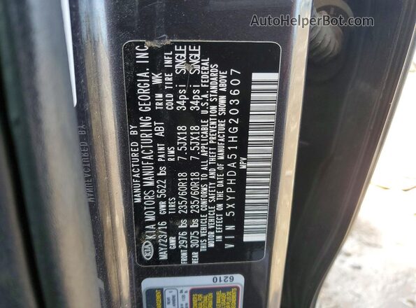 5XYPHDA51HG203607 2017 KIA SORENTO Gray Widok naklejki z numerem VIN