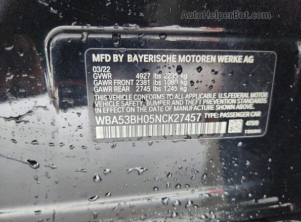 WBA53BH05NCK27457 2022 BMW OTHER Черный Вид наклейки с VIN-кодом