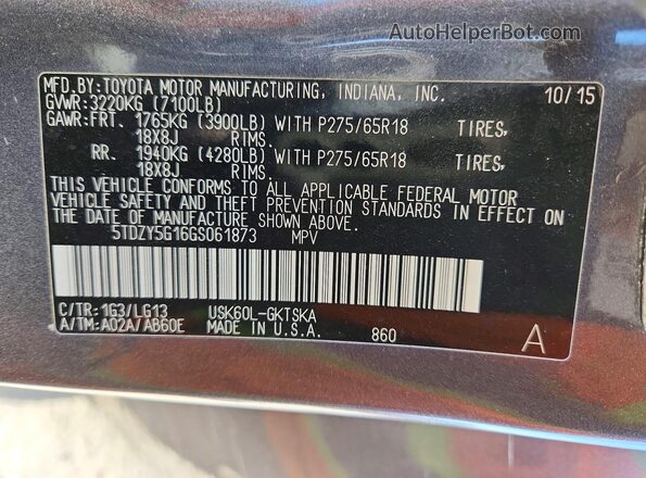 5TDZY5G16GS061873 2016 TOYOTA SEQUOIA Gray Widok wnętrza 360 stopni