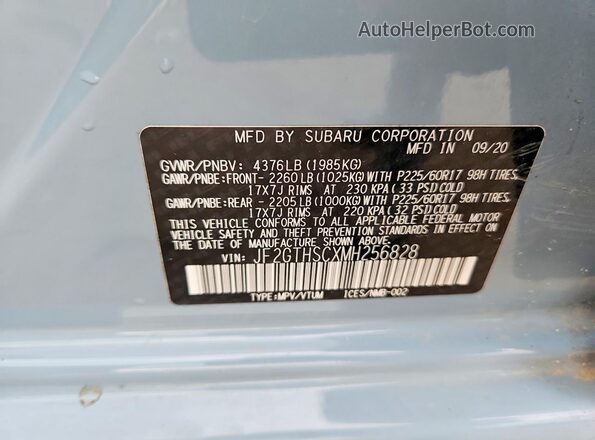 JF2GTHSCXMH256828 2021 SUBARU ALL Blue Vista de la etiqueta del VIN